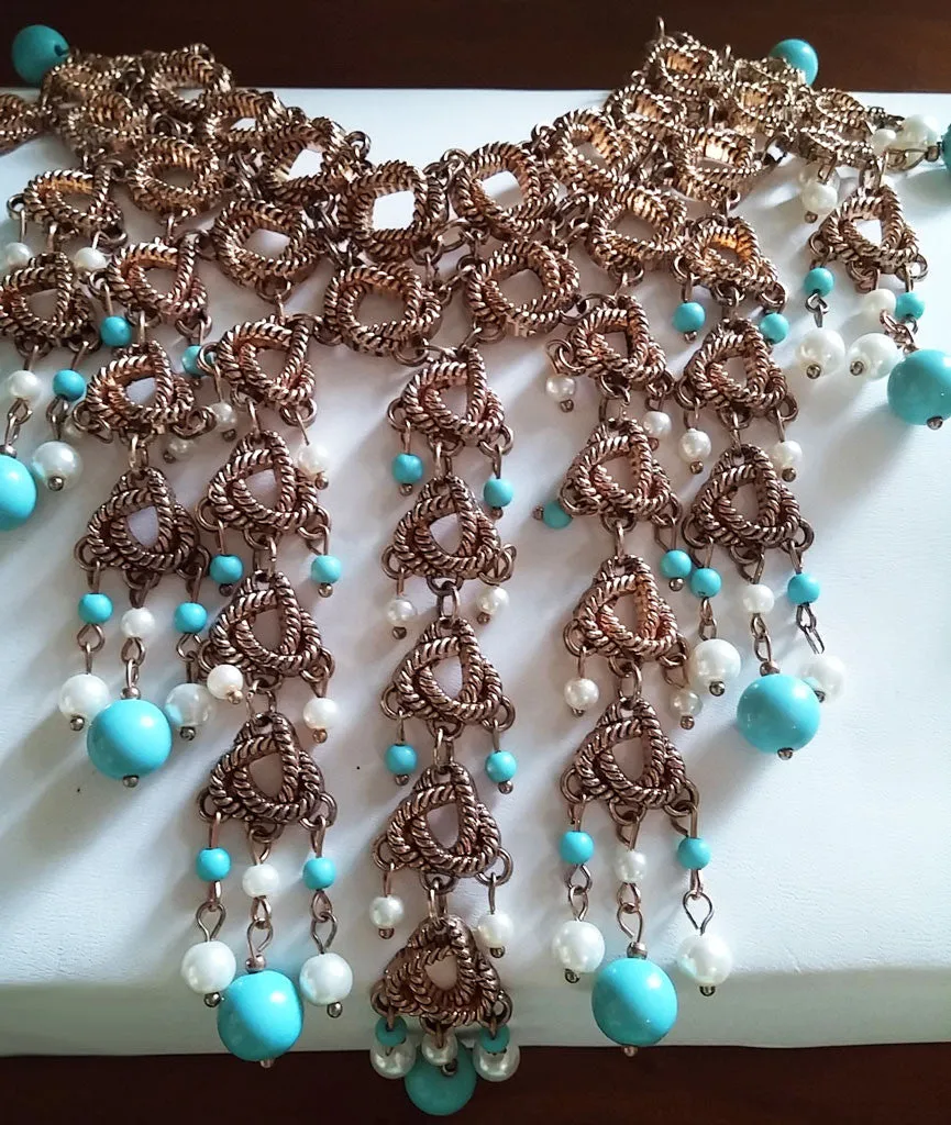 *NEW WITH TAG -  STUNNING LARGE CHICO'S CLEOPATRA LOOK TURQUOISE BEAD & PEARL BIB NECKLACE AND EARRINGS SET - WOULD MAKE A WONDERFUL CHRISTMAS OR BIRTHDAY GIFT