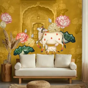 Pichwai Style Wallpaper for Lobby and Temple Walls, Yellow