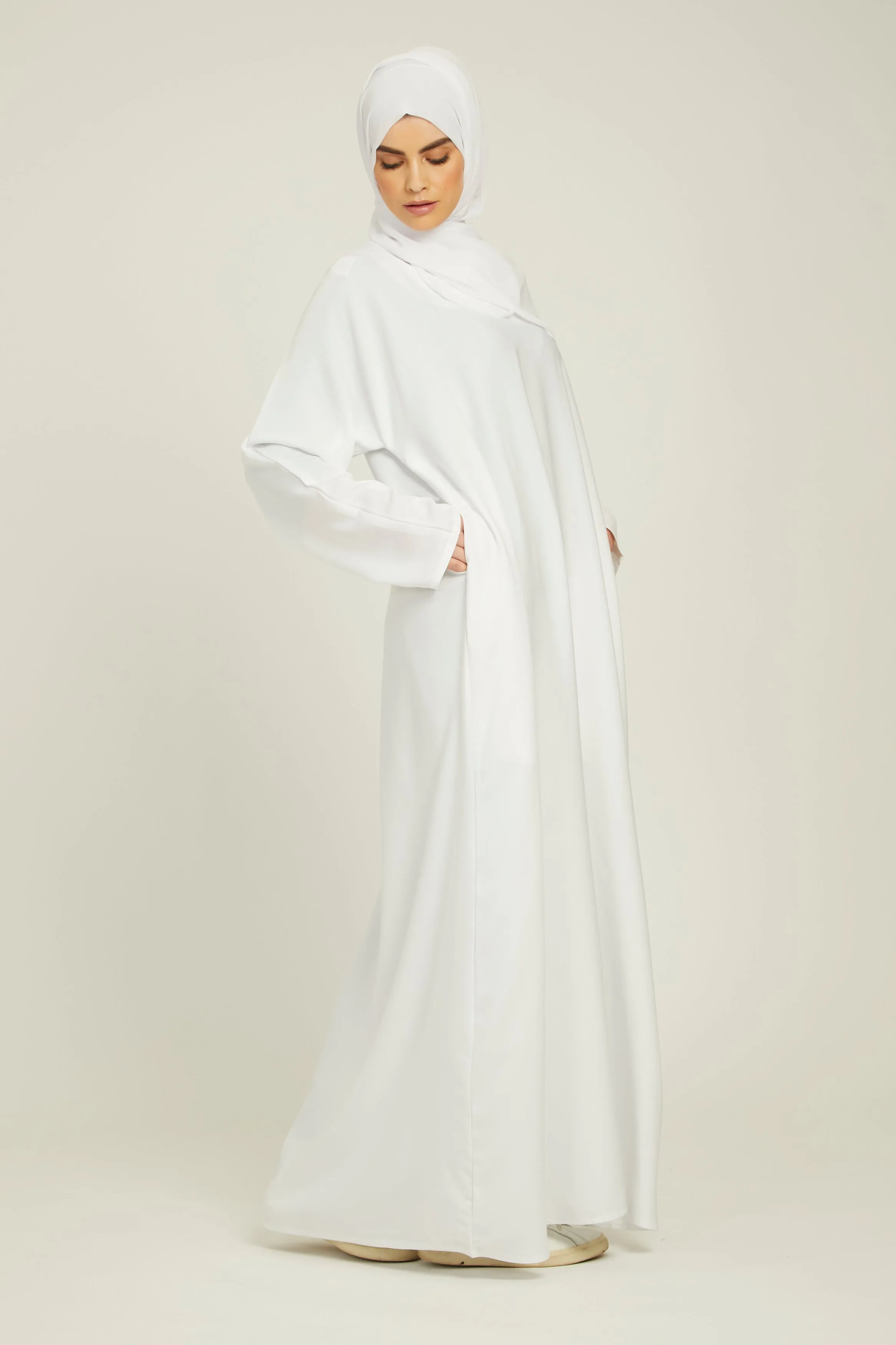 Plain Closed Abaya with Pockets - White