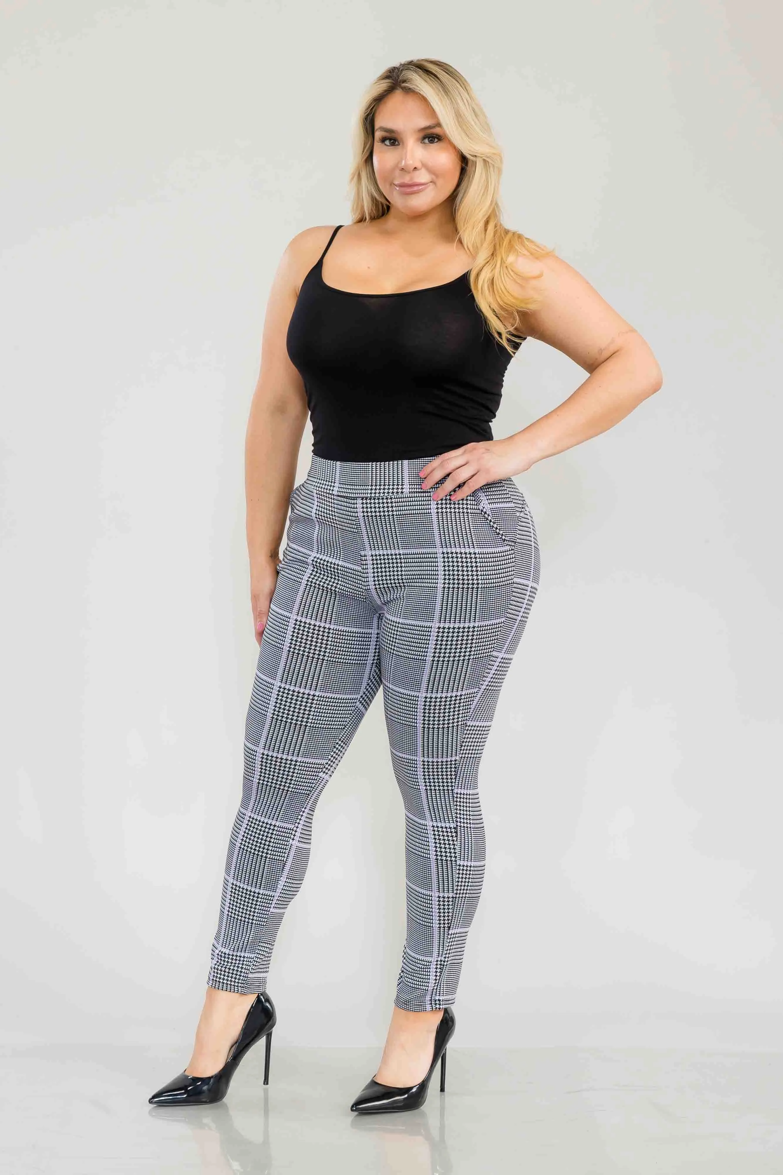 Plus Size Tummy Control Sculpting Treggings - Black, White, Mauve Plaid