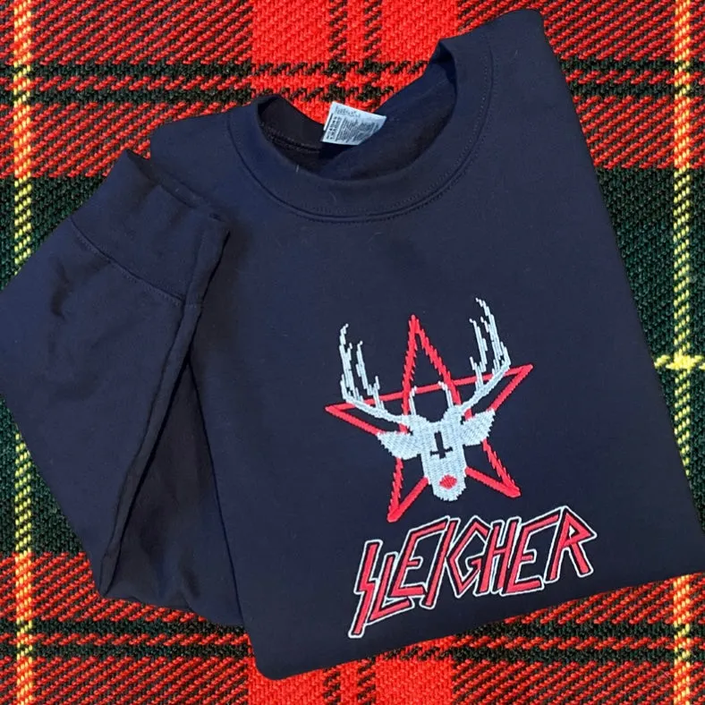 Sleigher Reindeer in Blood Embroidered Holiday Crewneck Sweatshirt