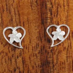 Sterling Silver 6mm Plumeria with CZ in Heart Post Earrings Sandblast Finish