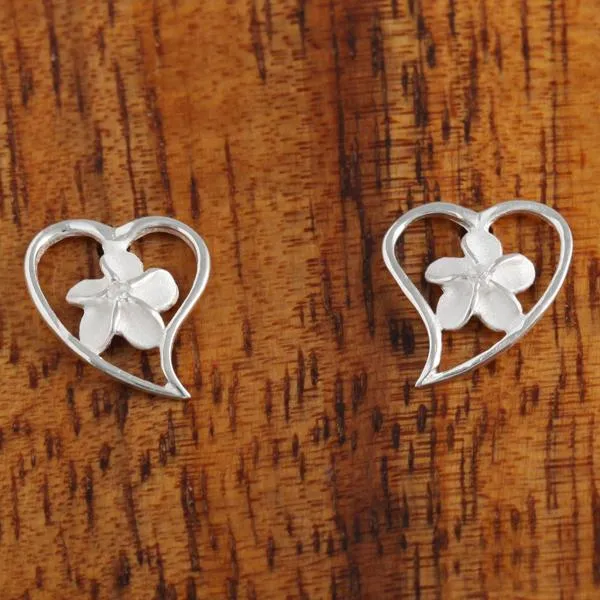 Sterling Silver 6mm Plumeria with CZ in Heart Post Earrings Sandblast Finish