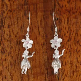 Sterling Silver 8mm Plumeria with Pink CZ and Hula Dancer Hook Earrings