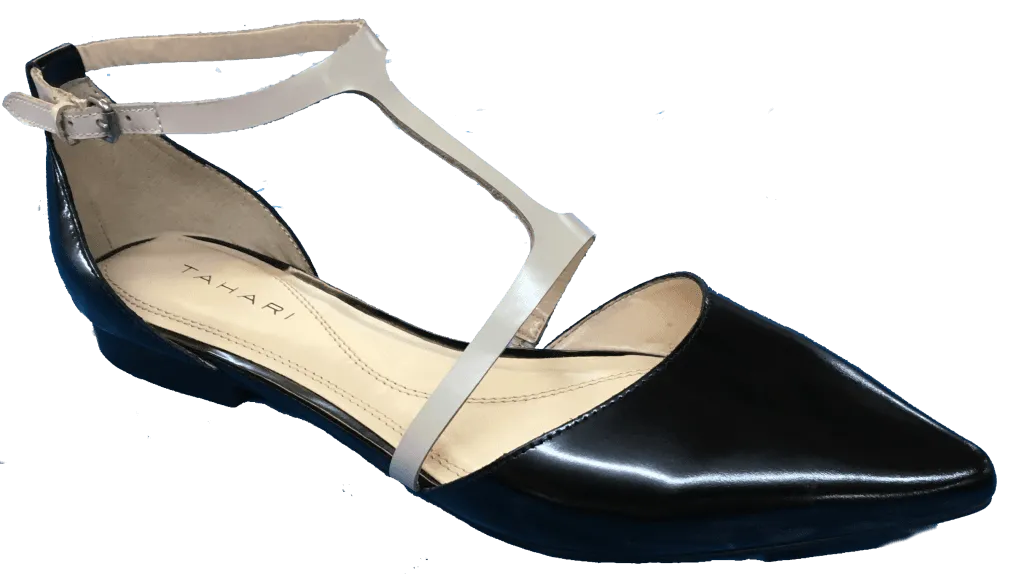 TAHARI Women's •Rodrigo• T-Strap Flat - Warm White/Black Patent