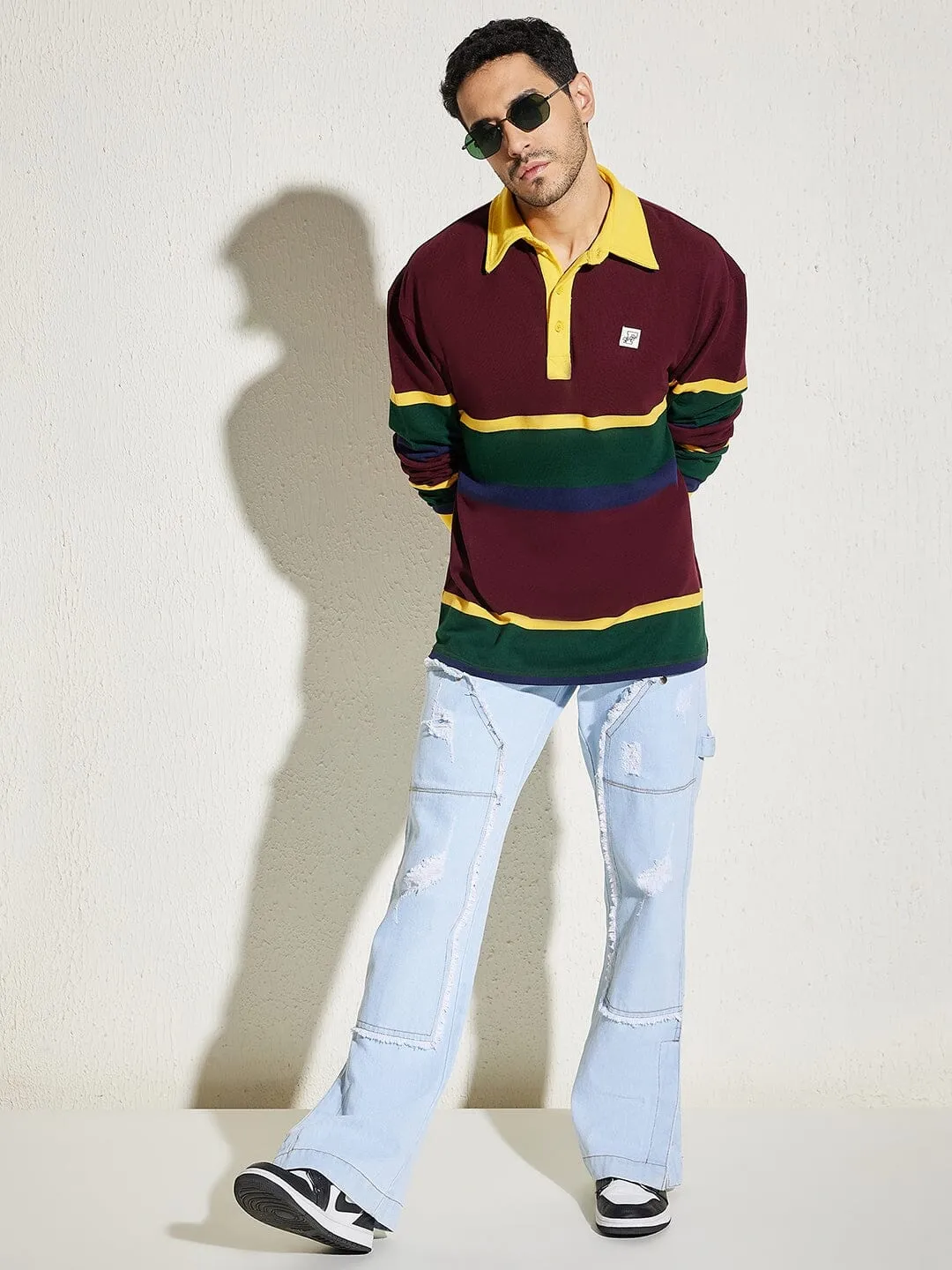 Wine Striped Oversized Longsleeve Polo Tee