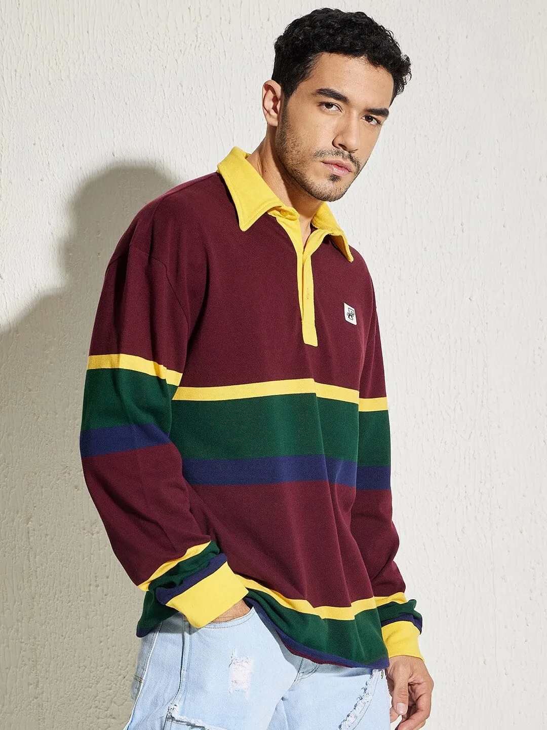 Wine Striped Oversized Longsleeve Polo Tee