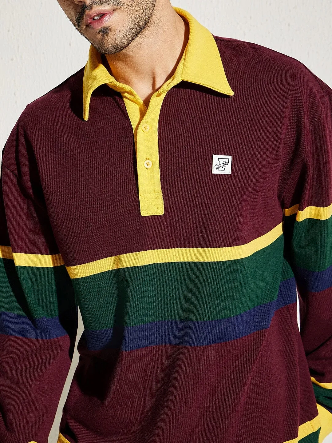 Wine Striped Oversized Longsleeve Polo Tee